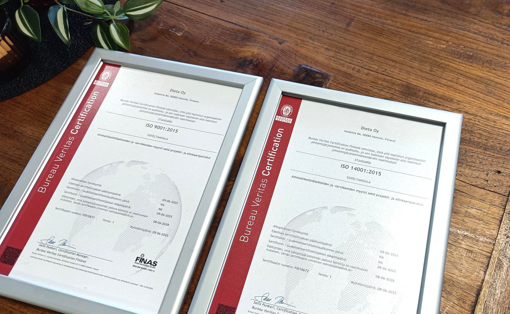 Dietalle ISO 9001- ja ISO 14001 -sertifikaatit